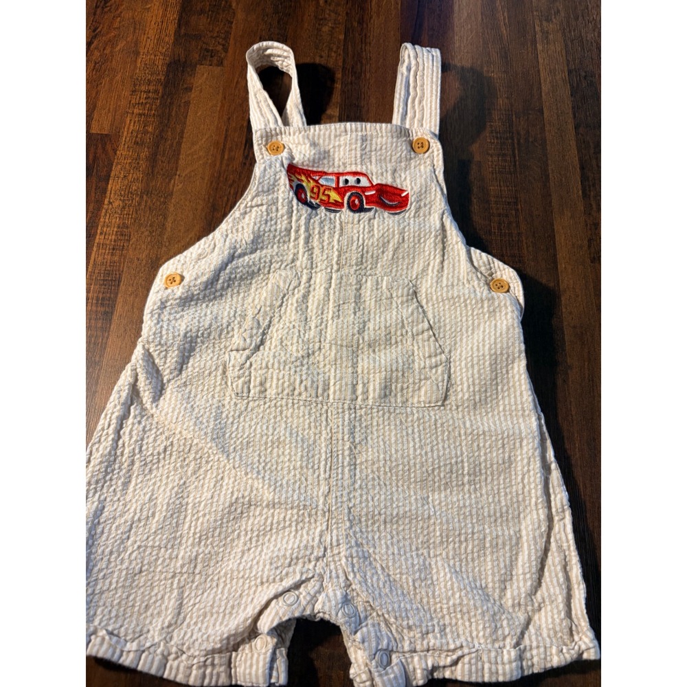 Disney Baby Lightning McQueen Seersucker Overalls Tan White Stripe 24M PPCH219